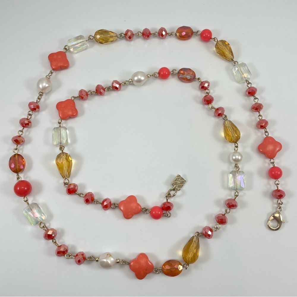 LS Signed Gold Tone Orange Glass Beaded Chain Statement Boho Necklace Sparkly